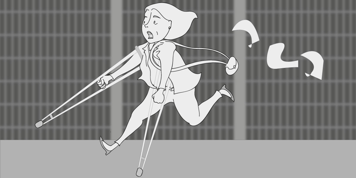 Nesta imagem, um desenho de Ana correndo com muletas por uma penitenciária, relembrando o episódio de quando ela escapou de uma rebelião na Nelson Hungria