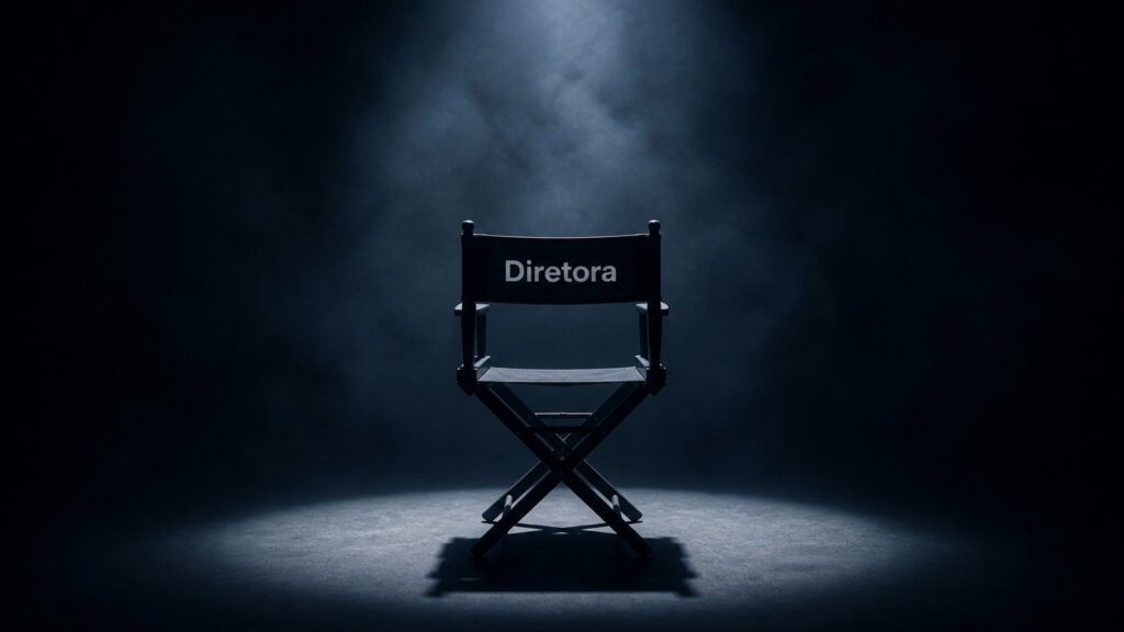 O ambiente é escuro e dramático, envolto em uma névoa tênue que preenche o espaço. Ao centro, sob um foco de luz que desce verticalmente, destaca-se uma cadeira clássica de direção cinematográfica, feita de lona preta e estrutura escura. No encosto da cadeira, a palavra "Diretora" está escrita em letras brancas e nítidas. A iluminação cria um círculo brilhante no chão, destacando a textura do piso, enquanto as bordas da imagem permanecem mergulhadas em sombras profundas.
