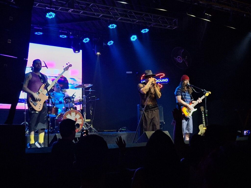 Apresentação musical ao vivo em uma casa de shows. No palco em destaque, iluminado por luzes azuis, quatro músicos se apresentam, um baixista à esquerda, um baterista ao fundo, um vocalista ao centro e um guitarrista à direita, todos sob refletores direcionados. Atrás da banda, um grande painel luminoso exibe imagens coloridas que complementam o espetáculo. Na parte inferior da imagem, o público aparece em silhueta, com algumas mãos levantadas, acompanhando atentamente o show diante do palco