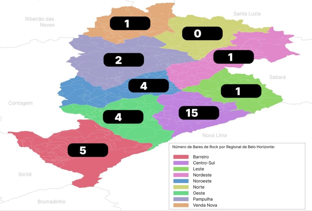 Mapa da cidade de Belo Horizonte dividido por regionais, com indicação do número de bares de rock em cada uma delas representadas por diferentes cores. A regional Centro-Sul aparece com o maior número, com quinze estabelecimentos. Barreiro tem cinco bares, Oeste e Noroeste com quatro cada, Pampulha com dois, Venda Nova, Leste e Nordeste com um estabelecimento cada e a regional Norte aparece sem registros. No canto inferior direito, uma legenda que associa cada cor às respectivas regionais do município